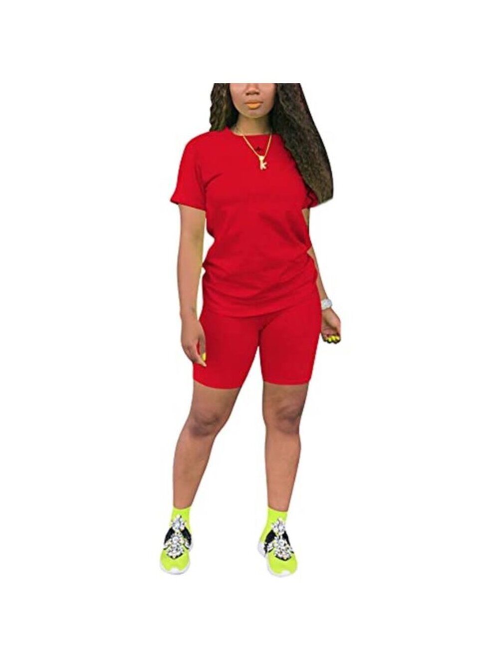 Women's Red 2 Piece Biker Shorts Set Crew Neck Tee Active Lounge Outfit